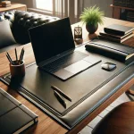 luxurious black leather desk pad on a stylish wooden desk