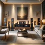 세련된 거실에 배치된 음악감상용 스피커